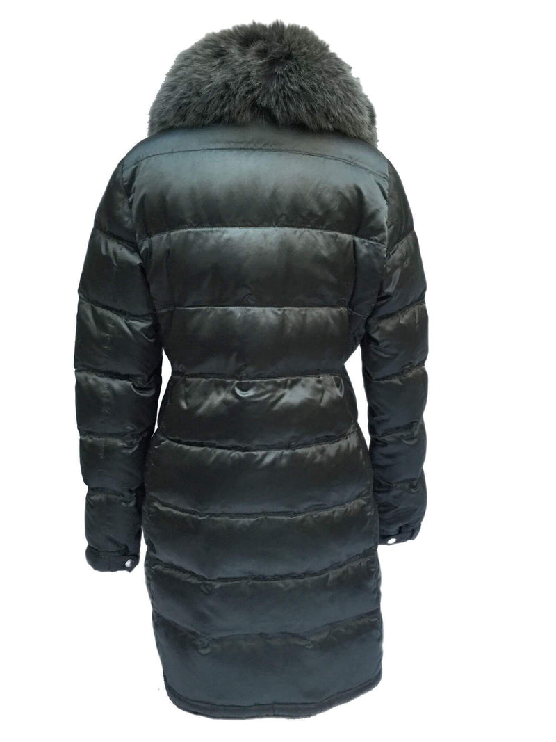 Shiny Grey Down Puffer Parka Coat Fox Fur Collar-designer resale