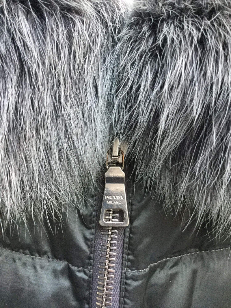 Shiny Grey Down Puffer Parka Coat Fox Fur Collar-designer resale