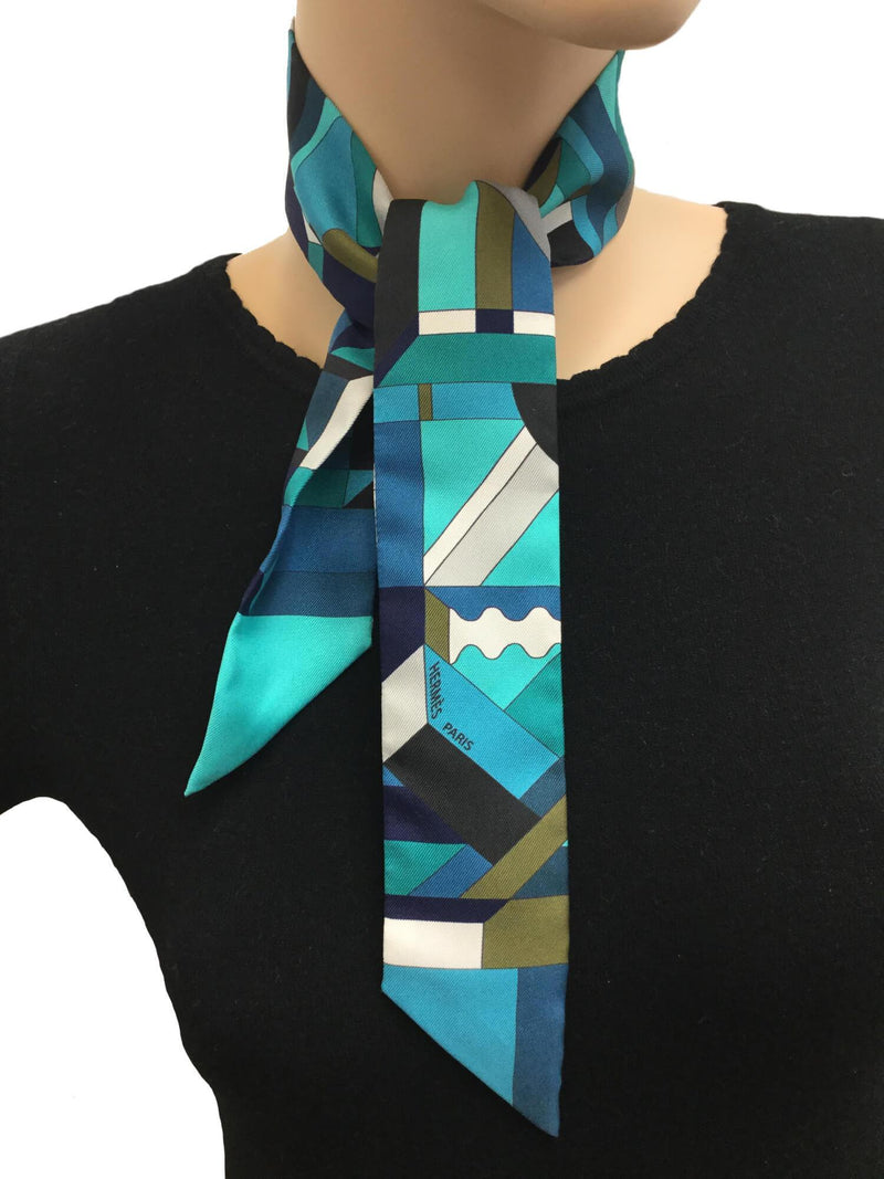 Silk Geometric Twilly Blue Turquoise-designer resale