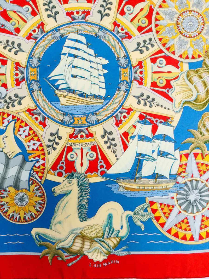 Silk L'Aire Marin Scarf Blue Red 90-designer resale
