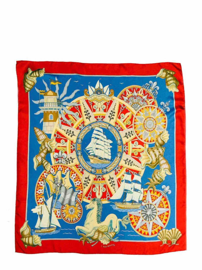 Silk L'Aire Marin Scarf Blue Red 90-designer resale