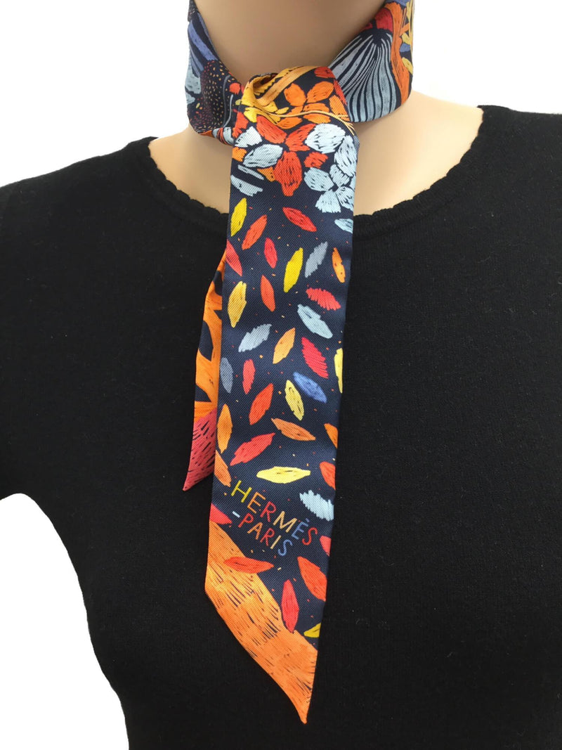 Silk Multicolor Leaves Twilly Orange-designer resale