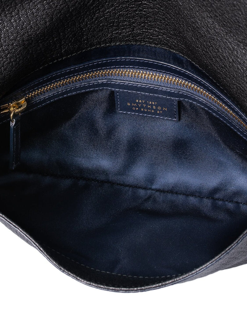 Smythson Pebbled Leather Flap Messenger Bag Black-designer resale