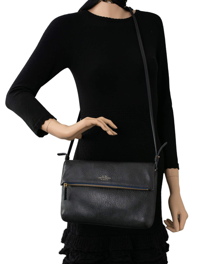 Smythson Pebbled Leather Flap Messenger Bag Black-designer resale