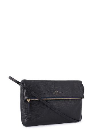 Smythson Pebbled Leather Flap Messenger Bag Black-designer resale