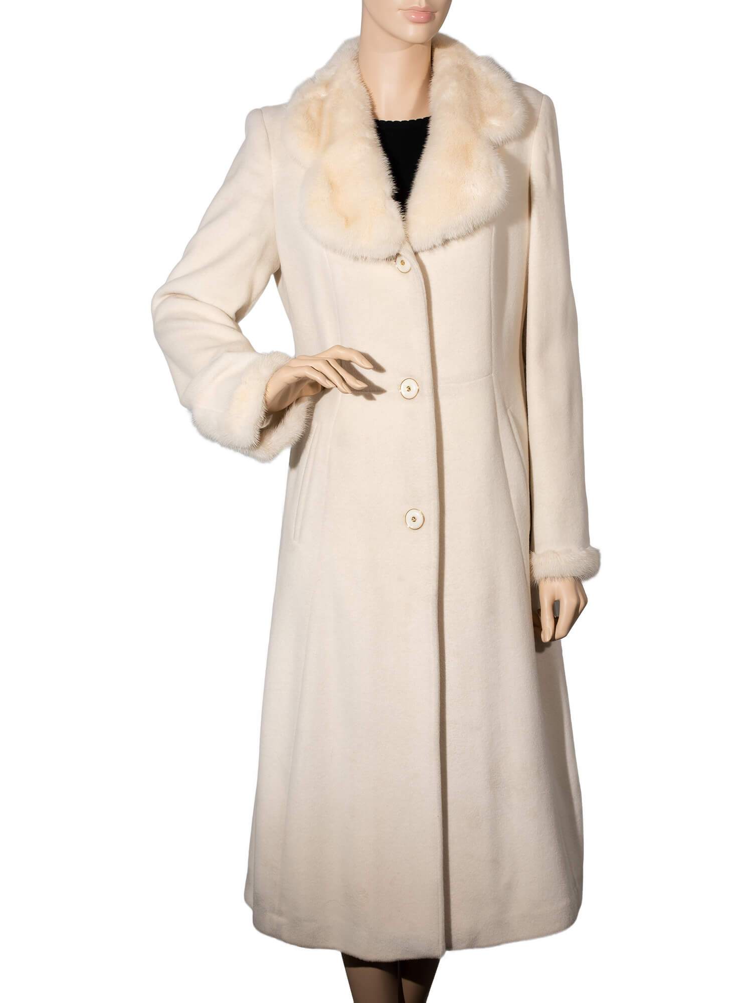 St. John Cashmere Mink Fitted Long Coat Ivory-designer resale