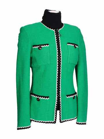 St. John Tweed Fitted Fringe Jacket Matching Skirt Green-designer resale