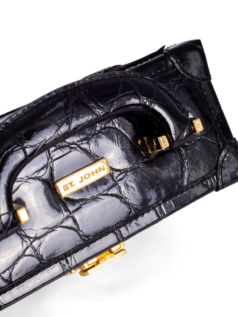St. John's Crocodile Embossed Leather Mini Top Handle Bag Black-designer resale