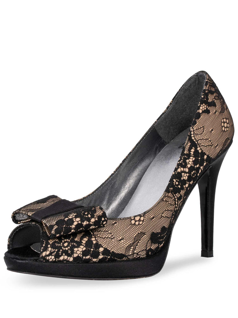 Stuart Weitzman Lace Peep Toe Platform Heels Black