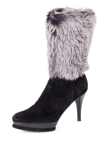 Stuart Weitzman Shearling Suede Platform Boots Black-designer resale