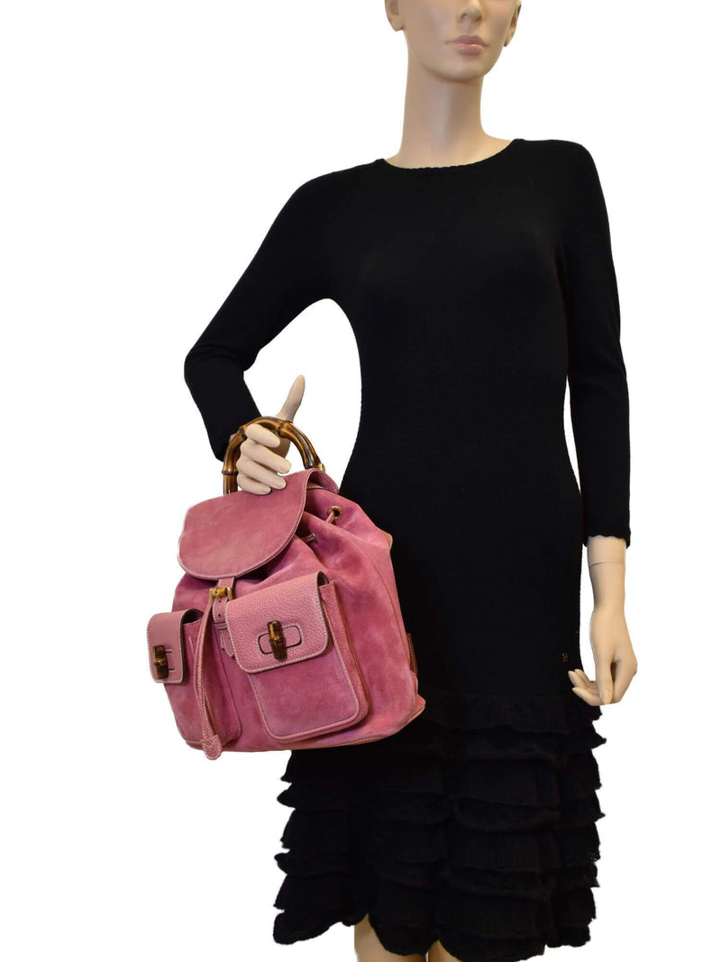 Suede Bamboo Medium Backpack Pink-designer resale