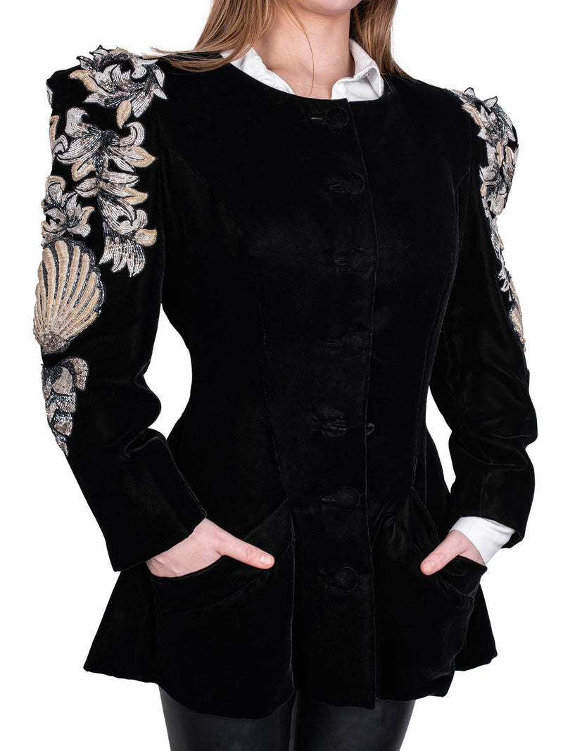 Tan Giudicelli Couture Velvet Embroidered Fitted Jacket Black-designer resale