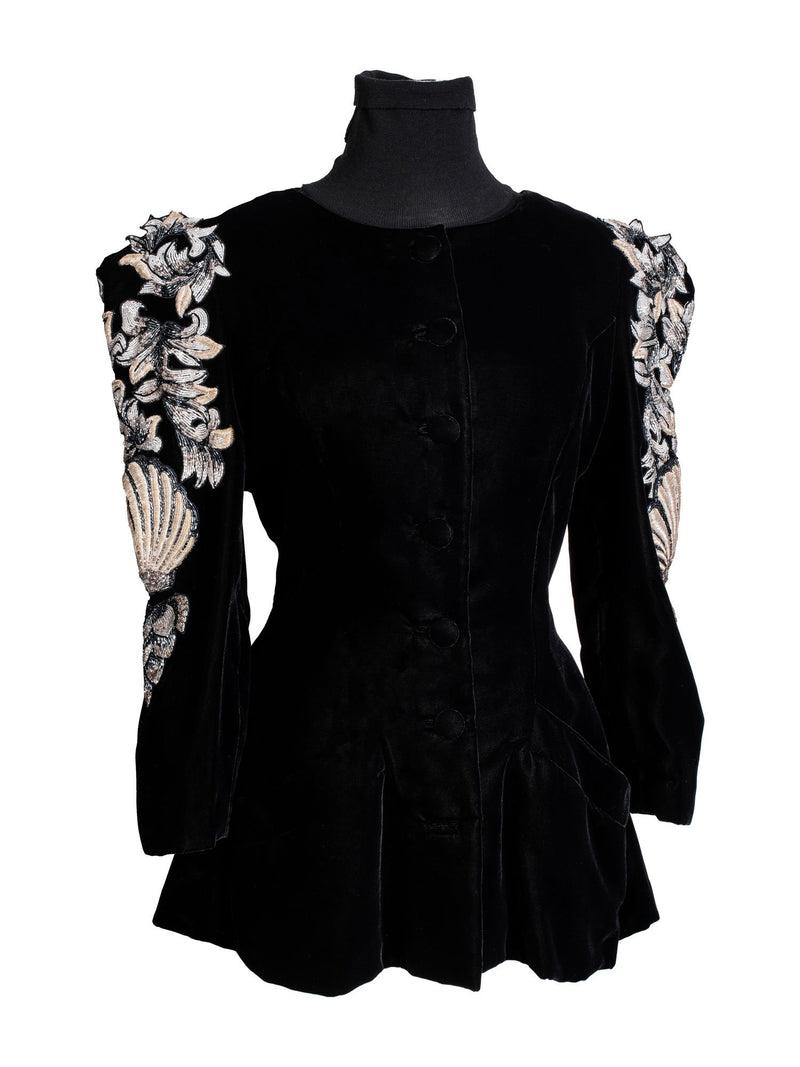 Tan Giudicelli Couture Velvet Embroidered Fitted Jacket Black-designer resale
