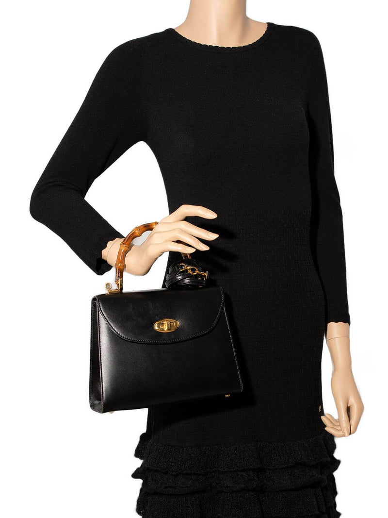 Tanino Crisci Leather Bamboo Top Handle Mini Kelly Bag Black-designer resale
