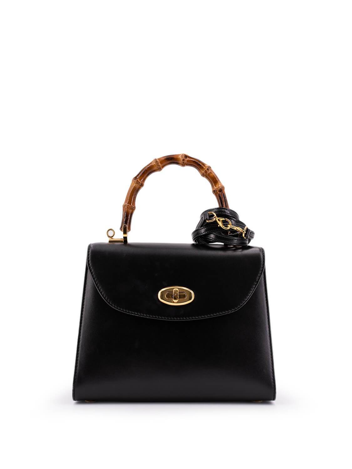 Tanino Crisci Leather Bamboo Top Handle Mini Kelly Bag Black-designer resale