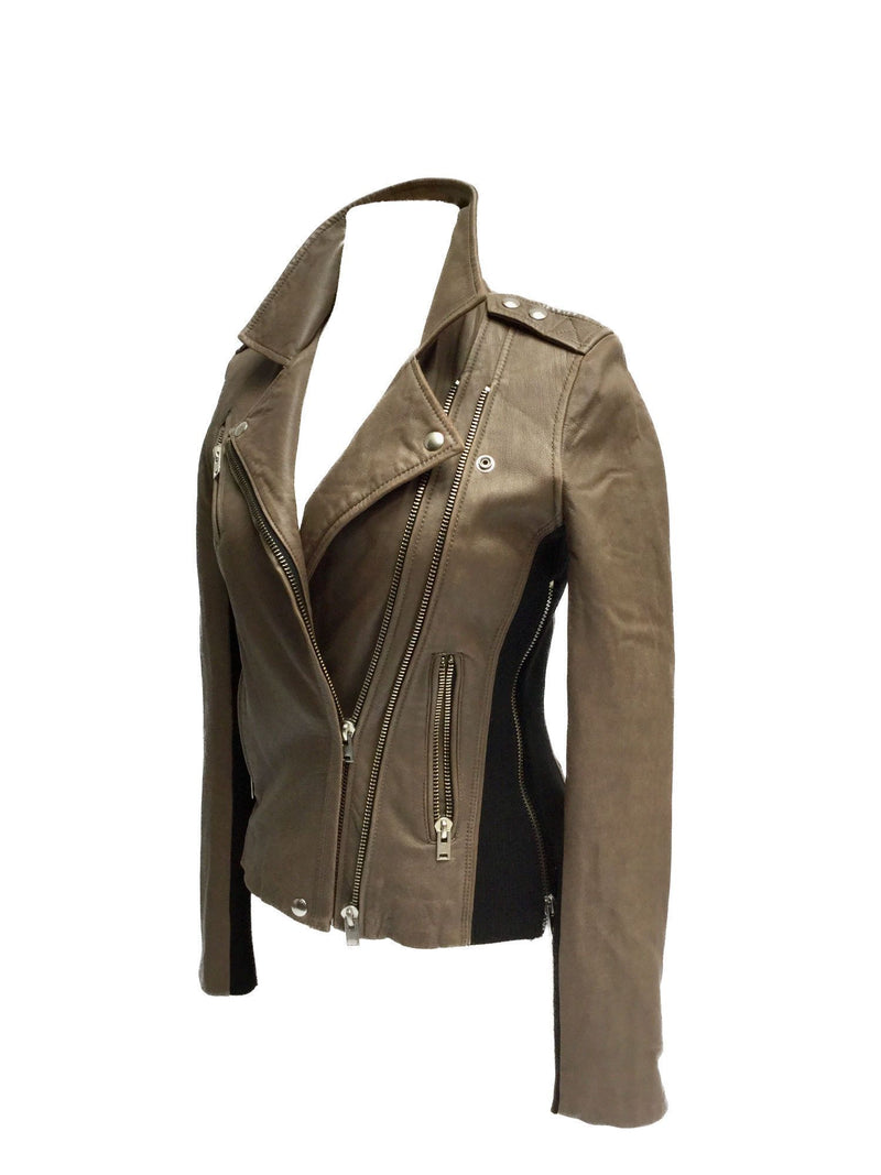 Taupe Brown Leather Biker Jacket-designer resale
