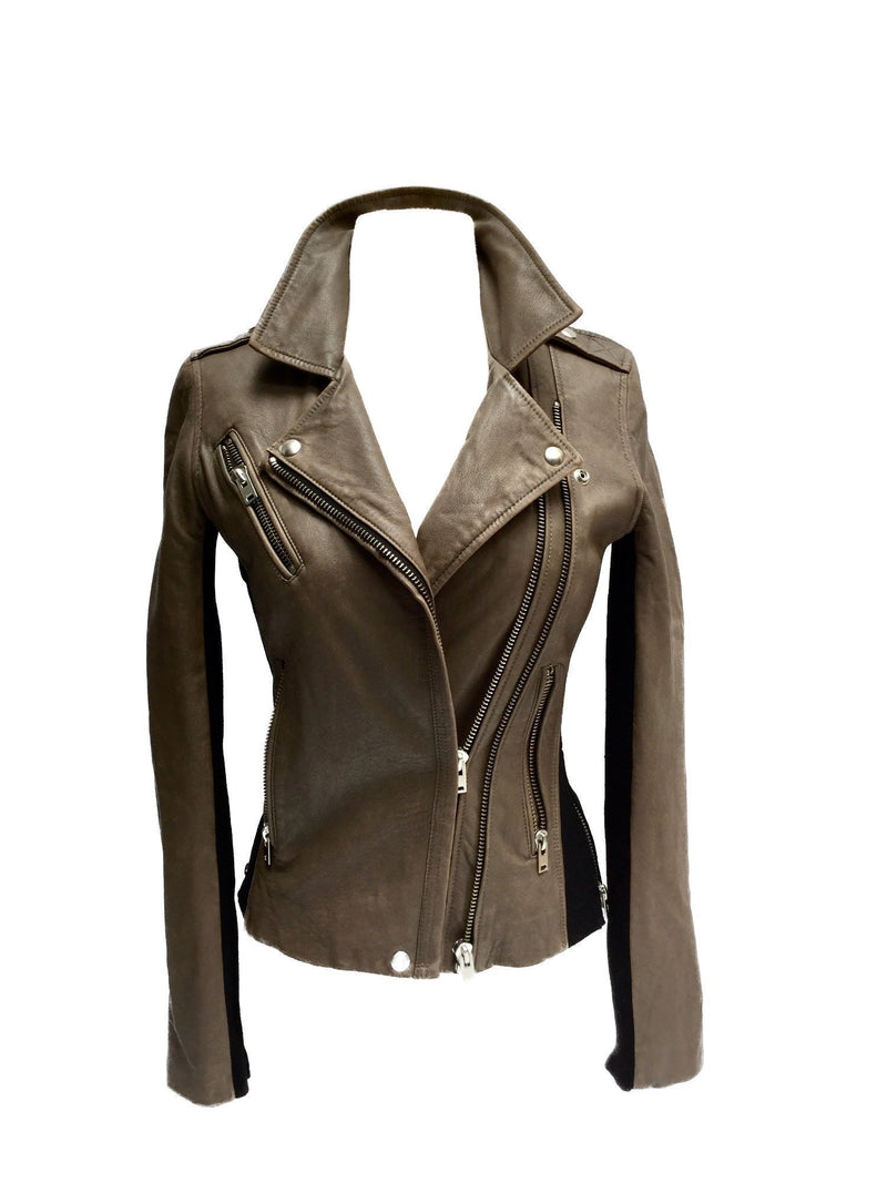 Taupe Brown Leather Biker Jacket-designer resale