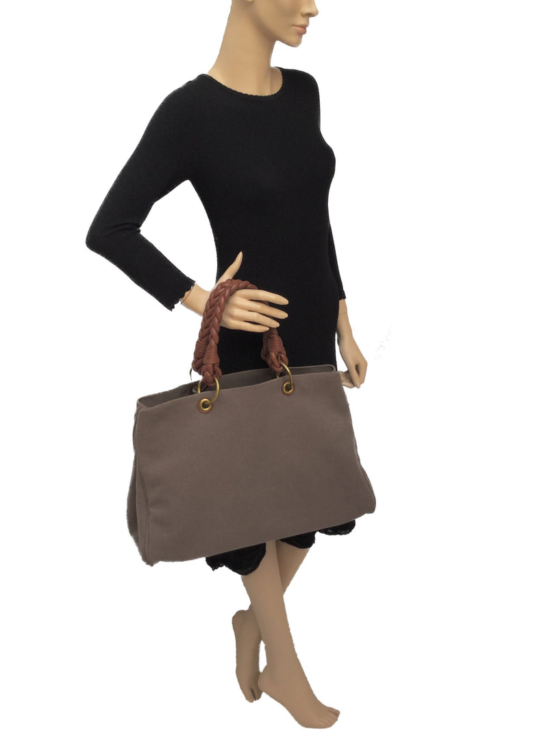 Taupe Canvas Brown Braided Leather Handles Large Tote Bag-designer resale