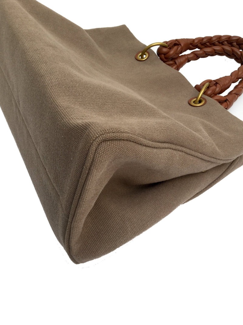 Taupe Canvas Brown Braided Leather Handles Large Tote Bag-designer resale