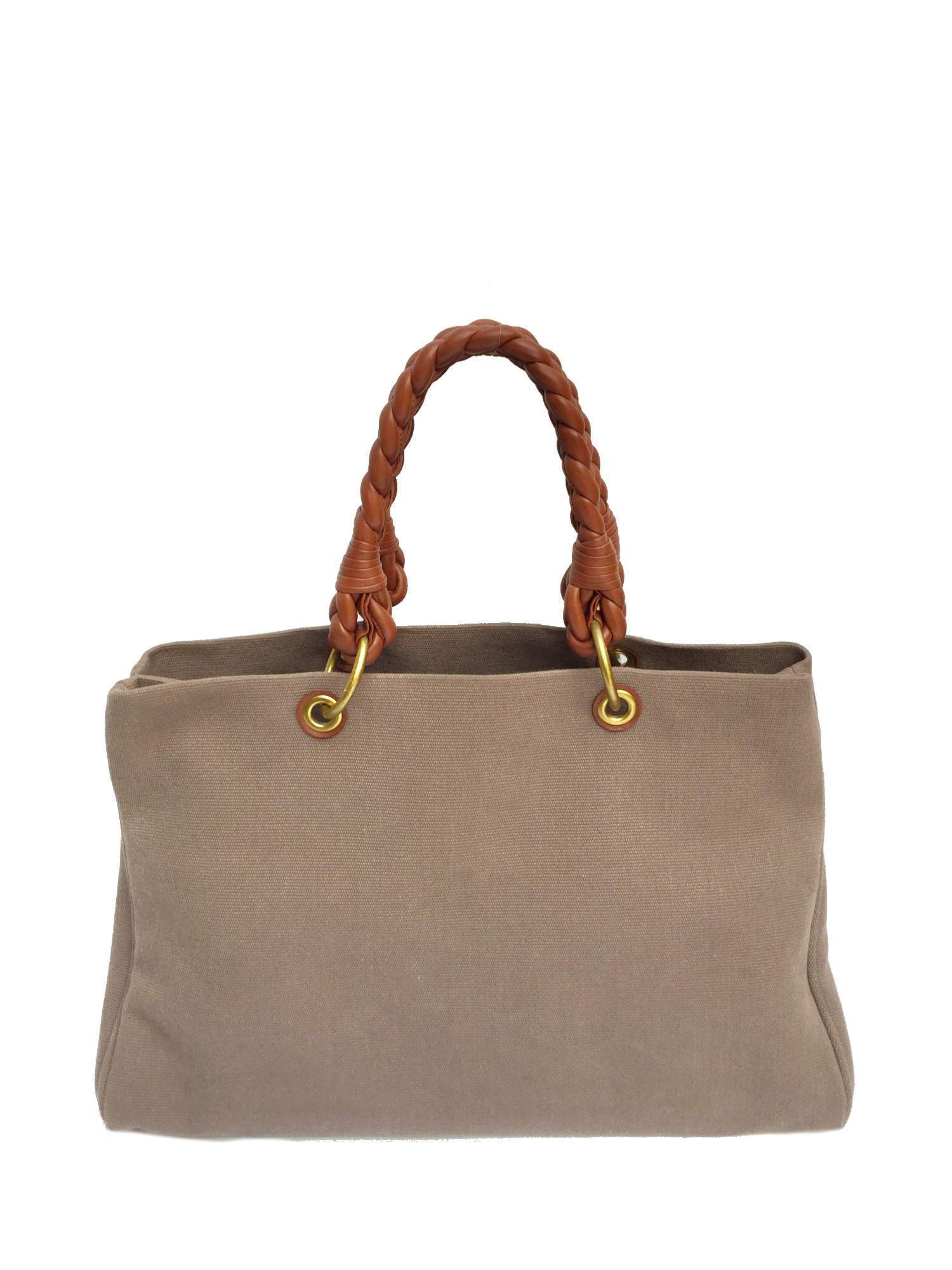 Taupe Canvas Brown Braided Leather Handles Large Tote Bag-designer resale