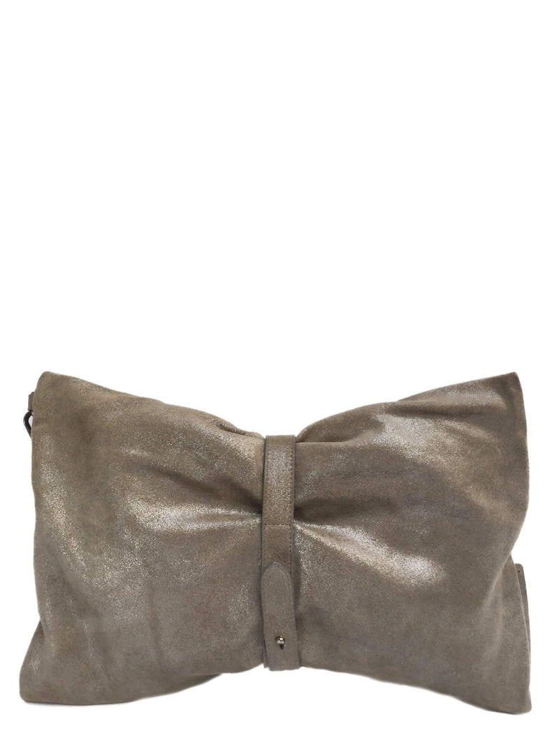 Taupe Suede Leather Clutch Bag With Wrist Strap Pewter Hardware-designer resale