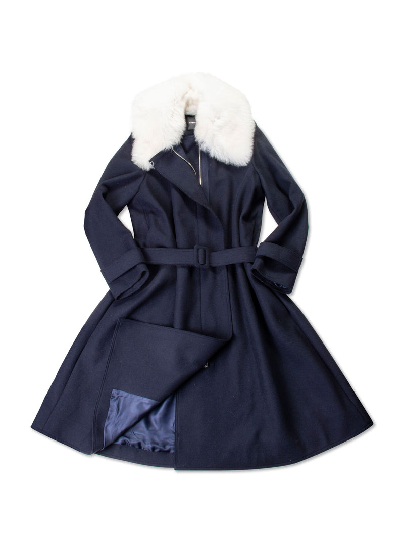 Theory Wool Coat Fox Fur Collar Belted Coat Blue