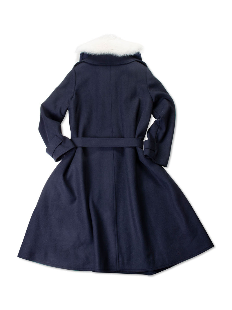 Theory Wool Coat Fox Fur Collar Belted Coat Blue-designer resale