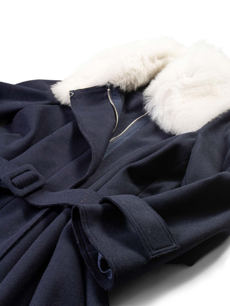 Theory Wool Coat Fox Fur Collar Belted Coat Blue-designer resale