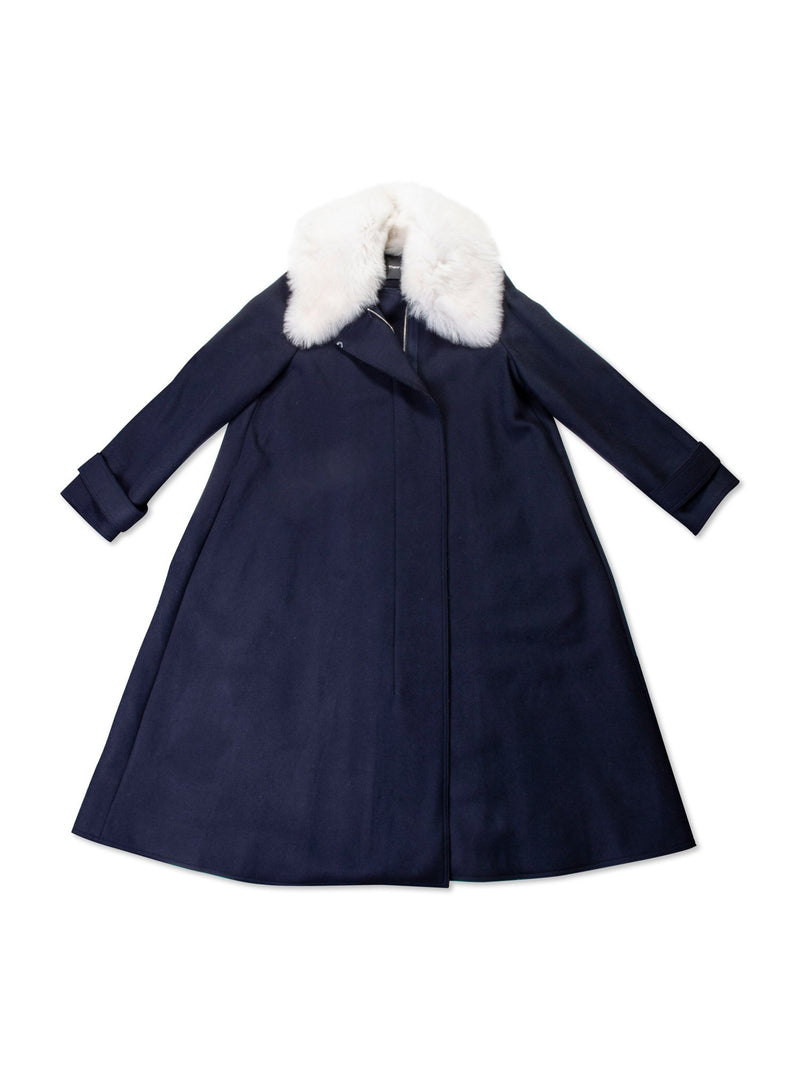 Theory Wool Coat Fox Fur Collar Belted Coat Blue-designer resale