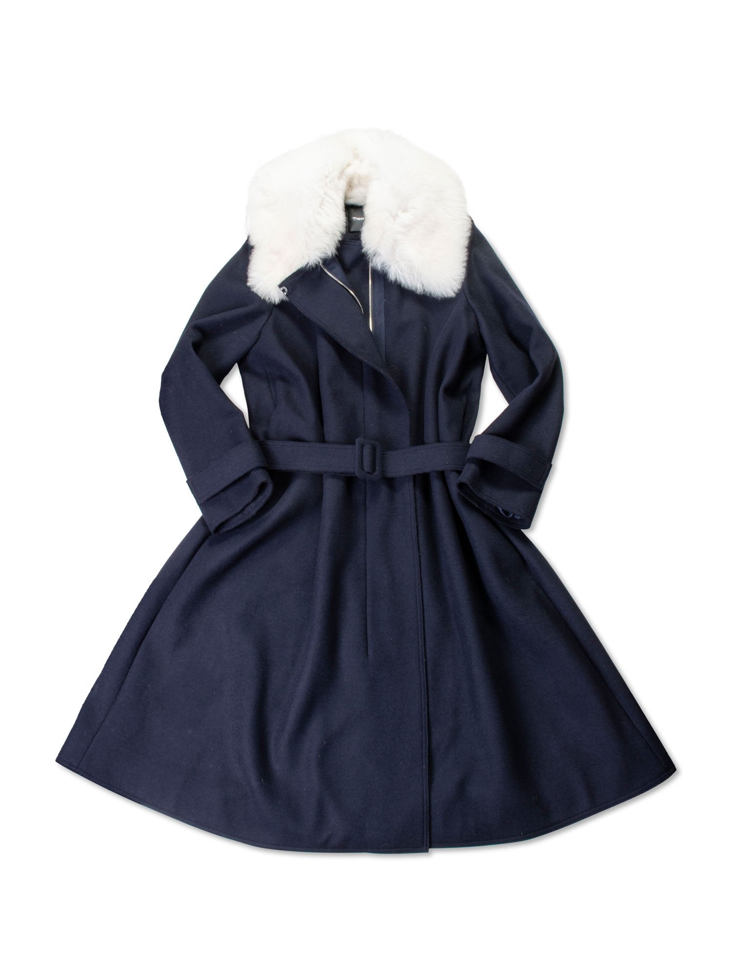 Theory Wool Coat Fox Fur Collar Belted Coat Blue-designer resale