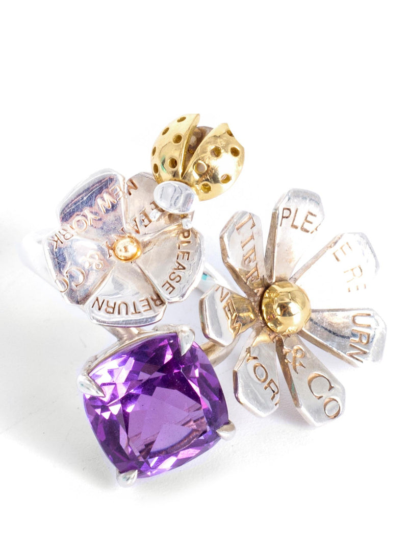 Tiffany Co. Amethyst Ladybug Flower Ring Sterling Silver and Gold