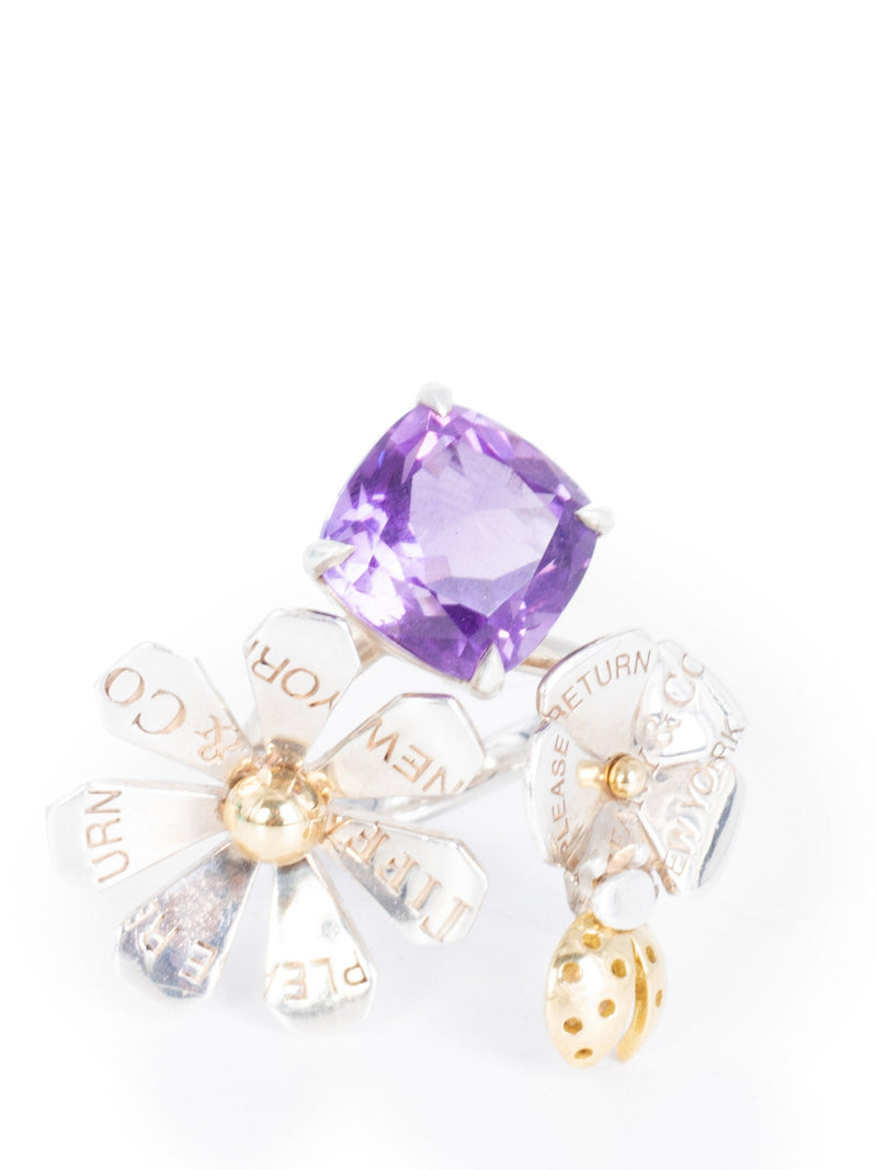 Tiffany & Co. Amethyst Ladybug Flower Ring Sterling Silver and Gold-designer resale
