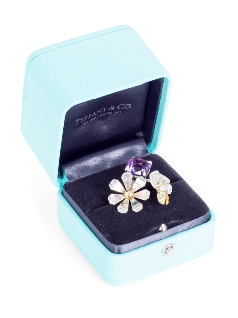 Tiffany & Co. Amethyst Ladybug Flower Ring Sterling Silver and Gold-designer resale