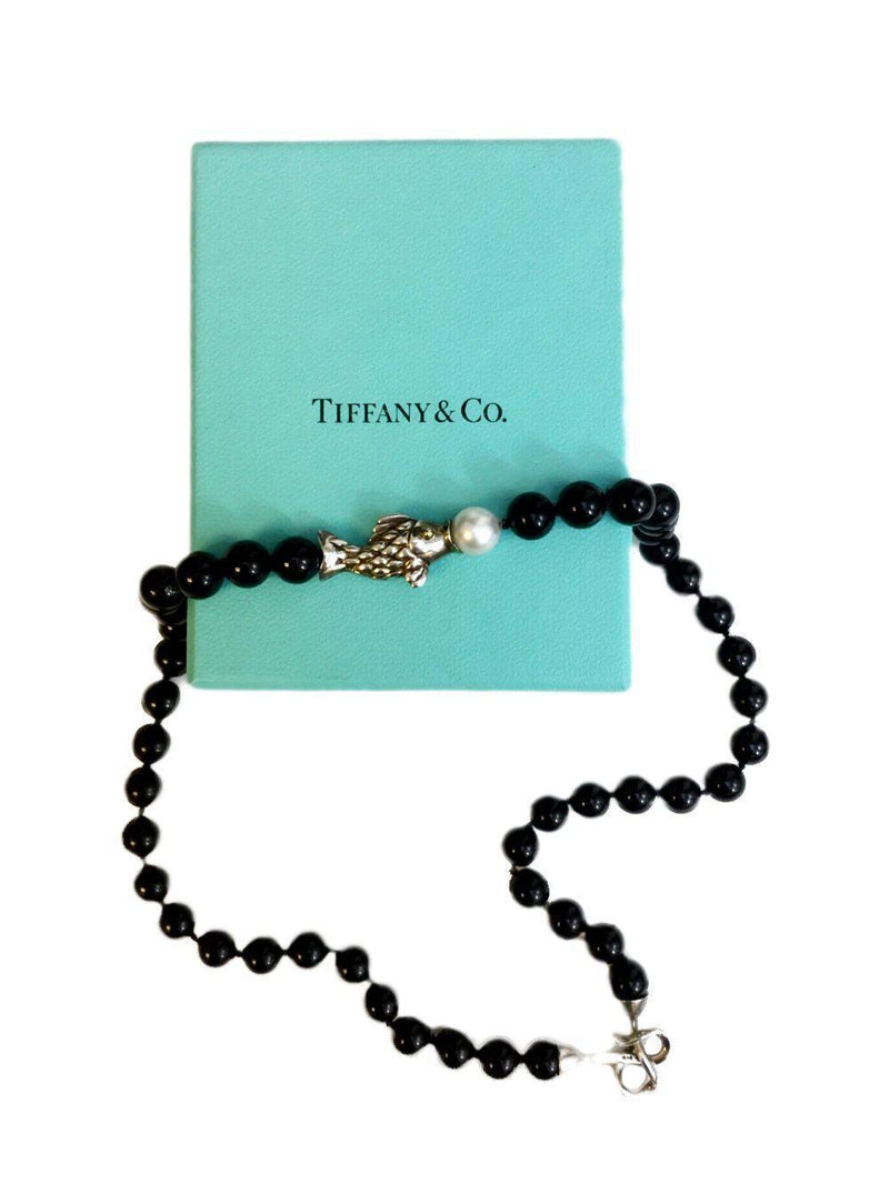 Tiffany & Co. White Pearl Black Onyx Sterling Silver Fish Necklace-designer resale