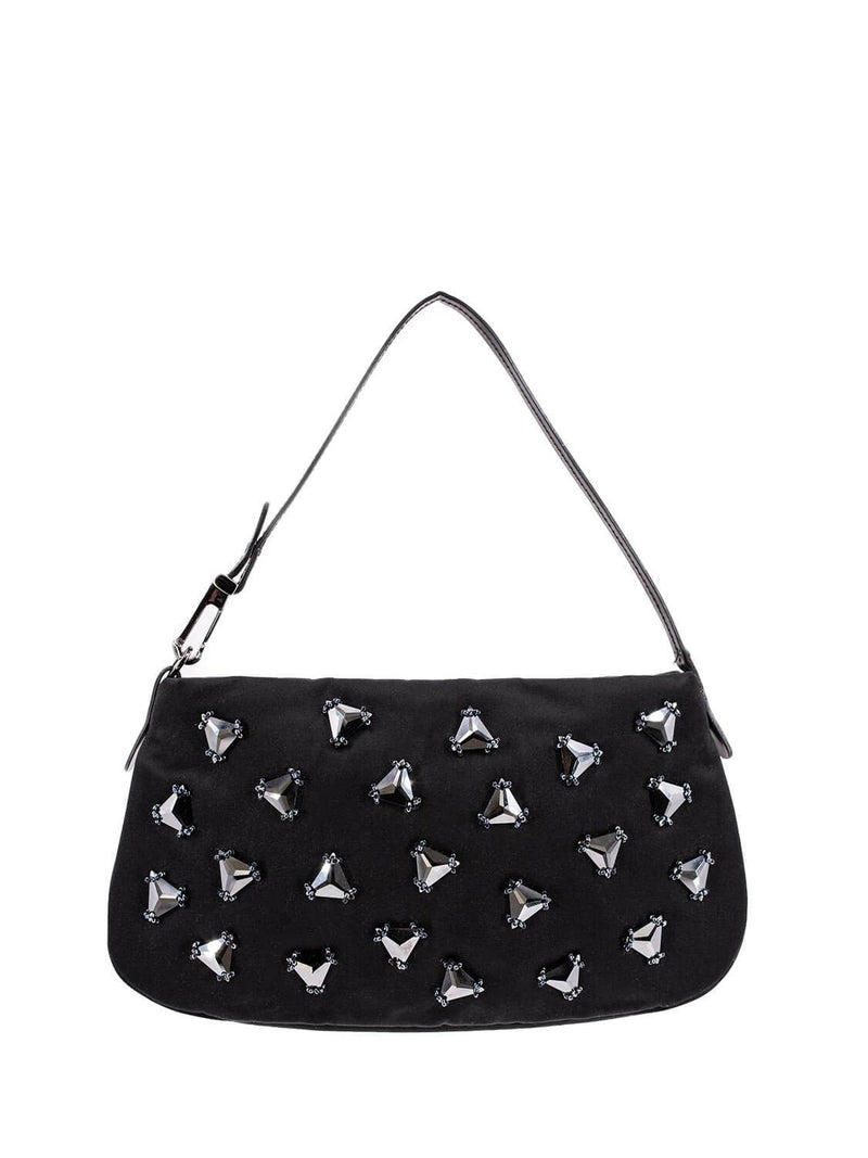 Tods Satin Logo Swarovski Crystal Shoulder Bag Black-designer resale