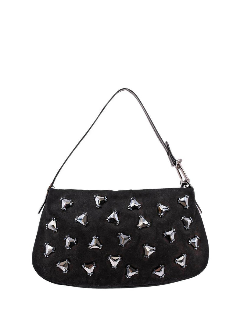 Tods Satin Logo Swarovski Crystal Shoulder Bag Black-designer resale