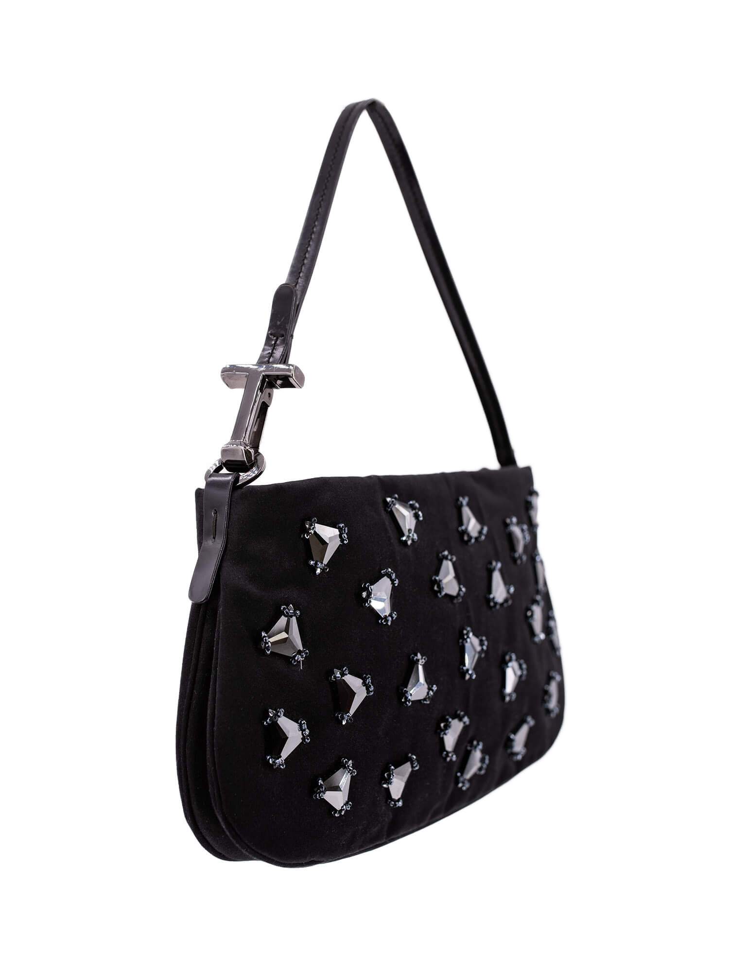 Tods Satin Logo Swarovski Crystal Shoulder Bag Black-designer resale