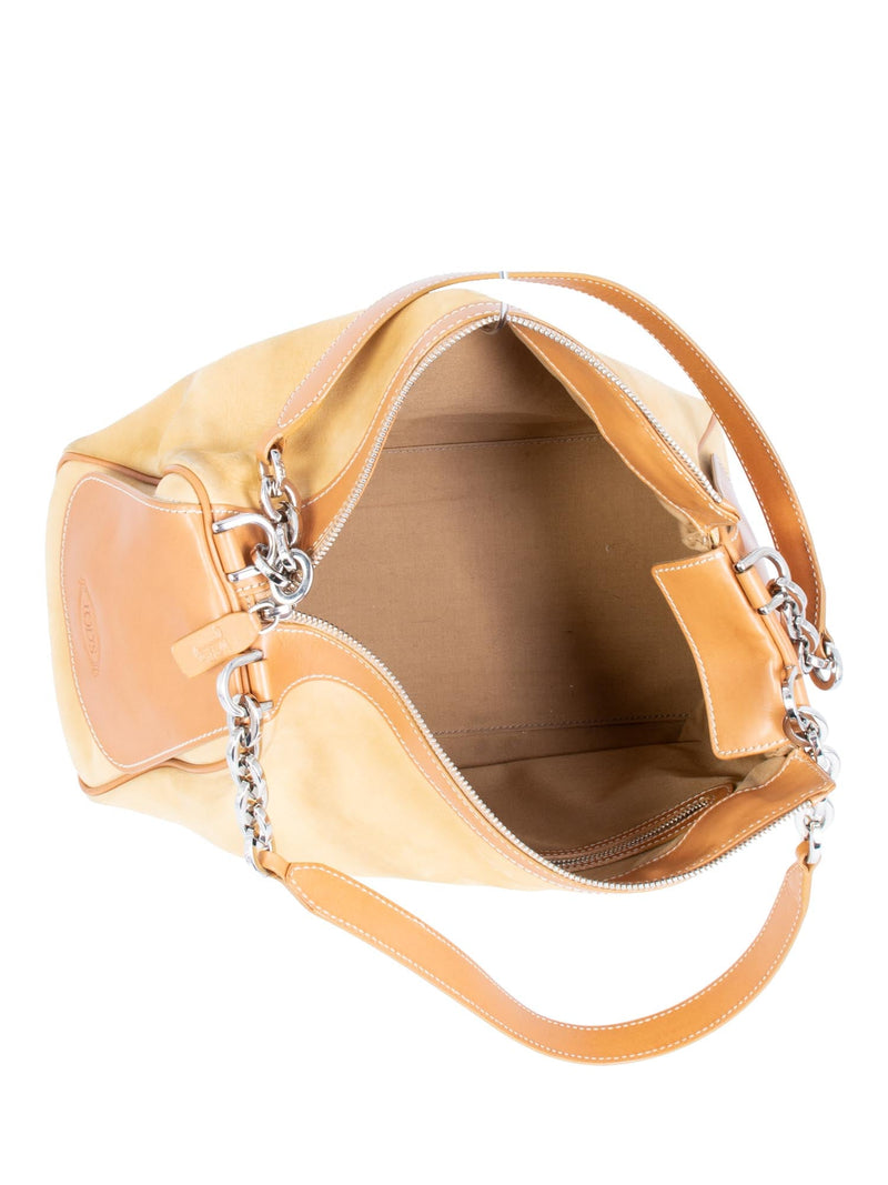 Tod's Suede and Leather Chain Shoulder Strap Bag Beige-designer resale
