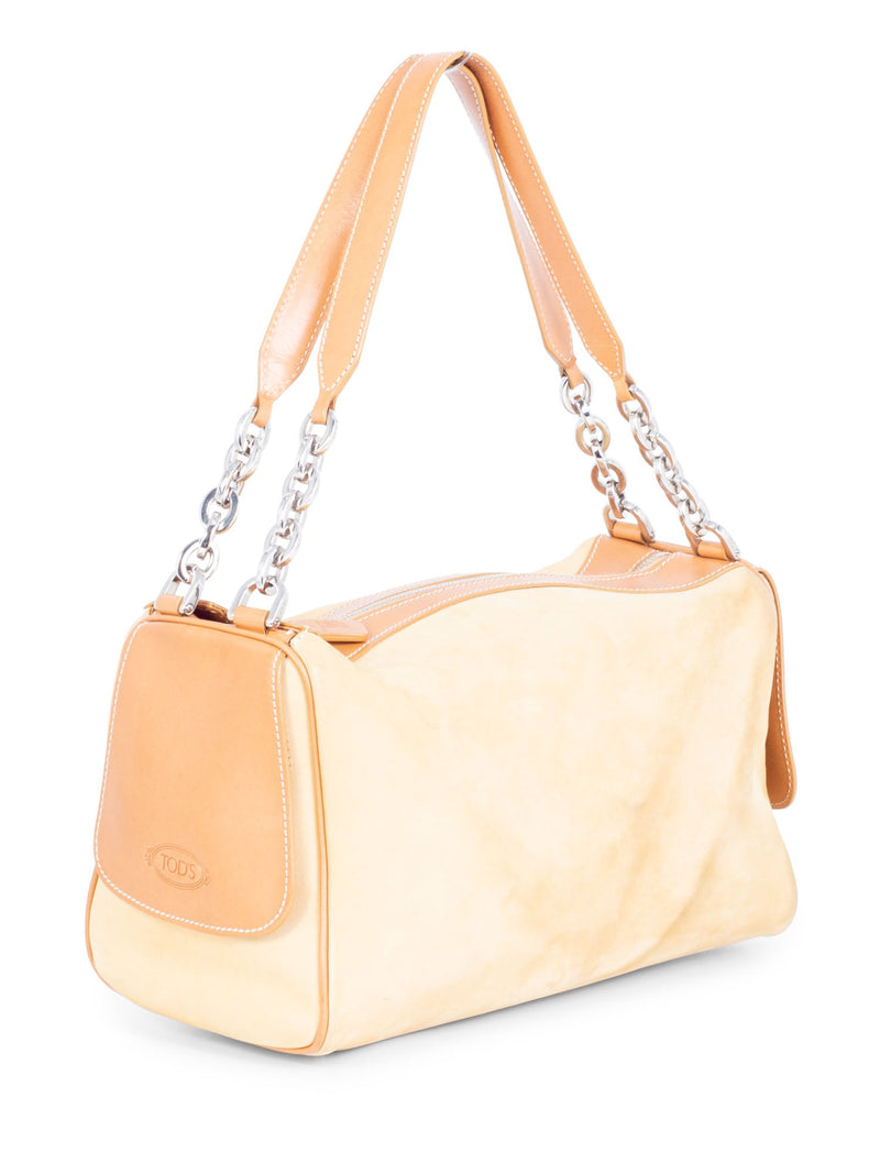 Tod's Suede and Leather Chain Shoulder Strap Bag Beige-designer resale