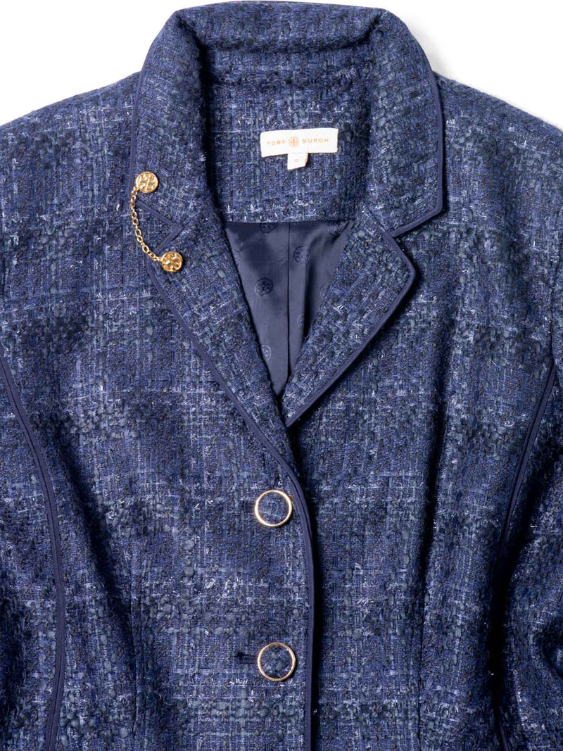 Tory Burch Logo Tweed Fitted Jacket Blue-designer resale