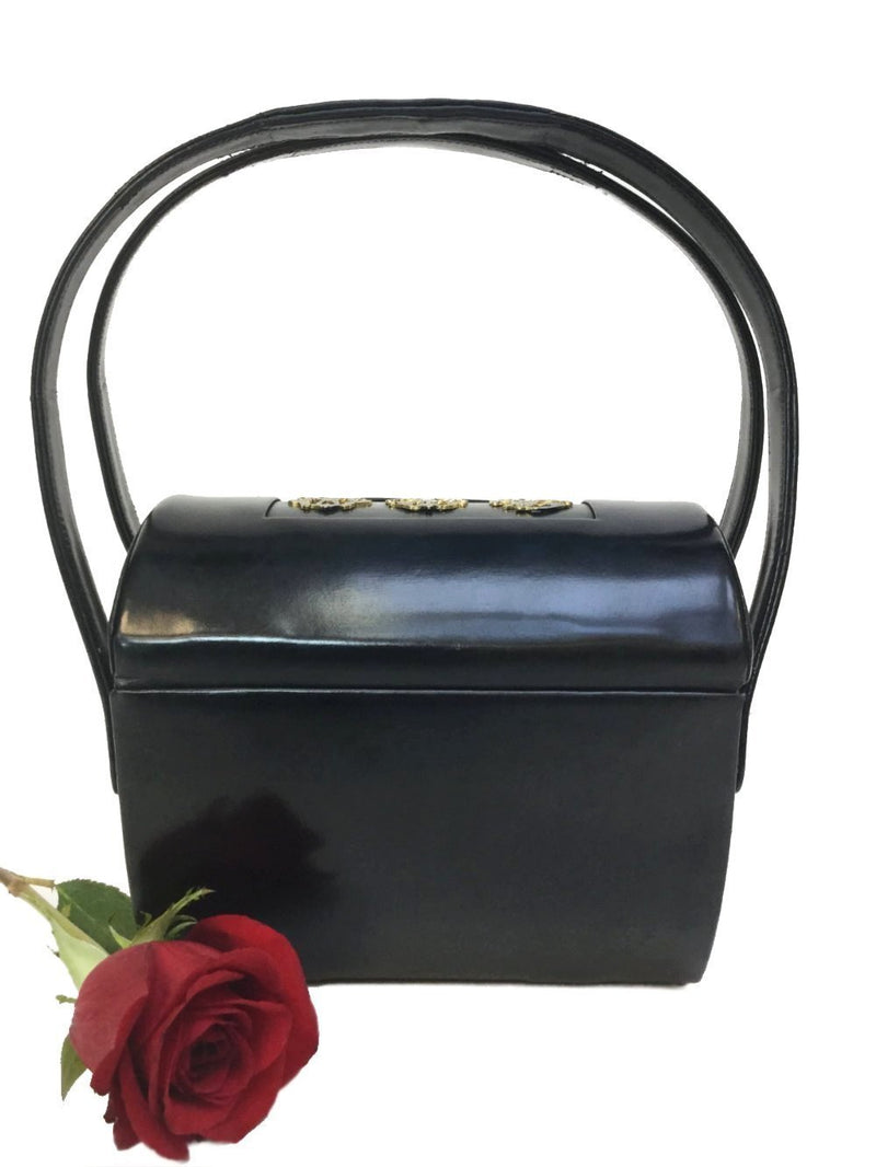 VINTAGE Black Leather Structured Bucket Top Handle Bag-designer resale