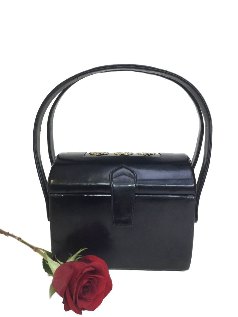 VINTAGE Black Leather Structured Bucket Top Handle Bag-designer resale