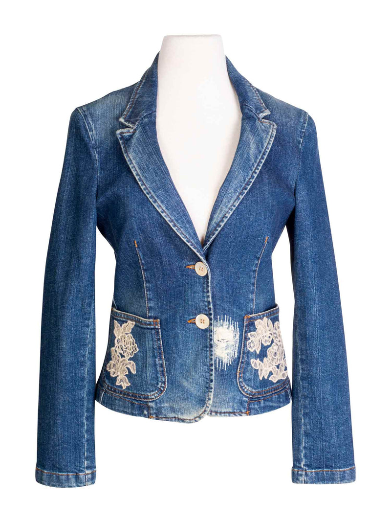 Valentino Denim Lace Fitted Jacket Blue-designer resale