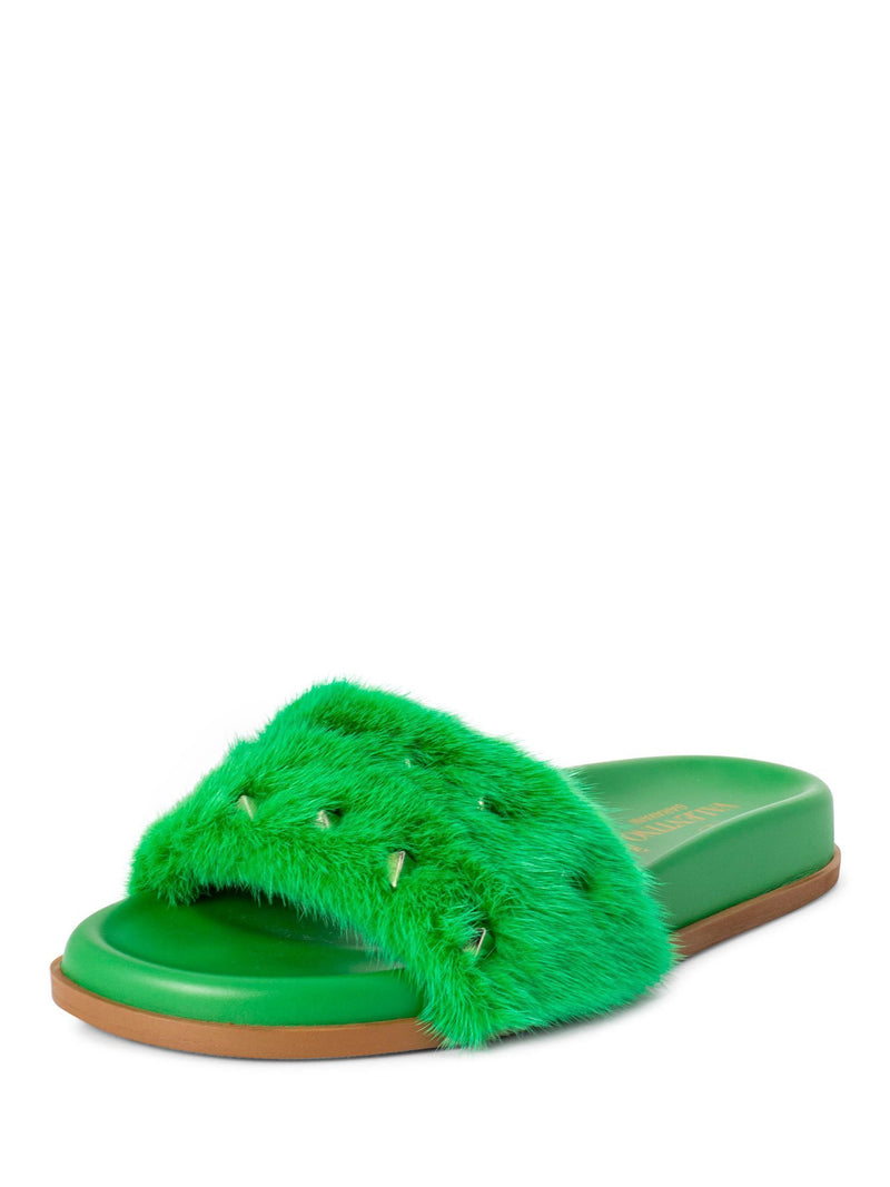 Valentino Fur Rockstud Slides Green-designer resale
