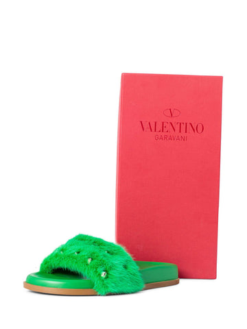 Valentino Fur Rockstud Slides Green-designer resale