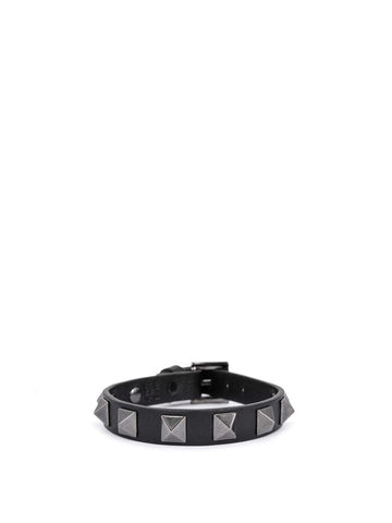 Valentino Leather Rockstud Bracelet Black-designer resale