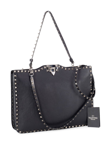 Valentino Leather Rockstud Shoulder Bag Black-designer resale