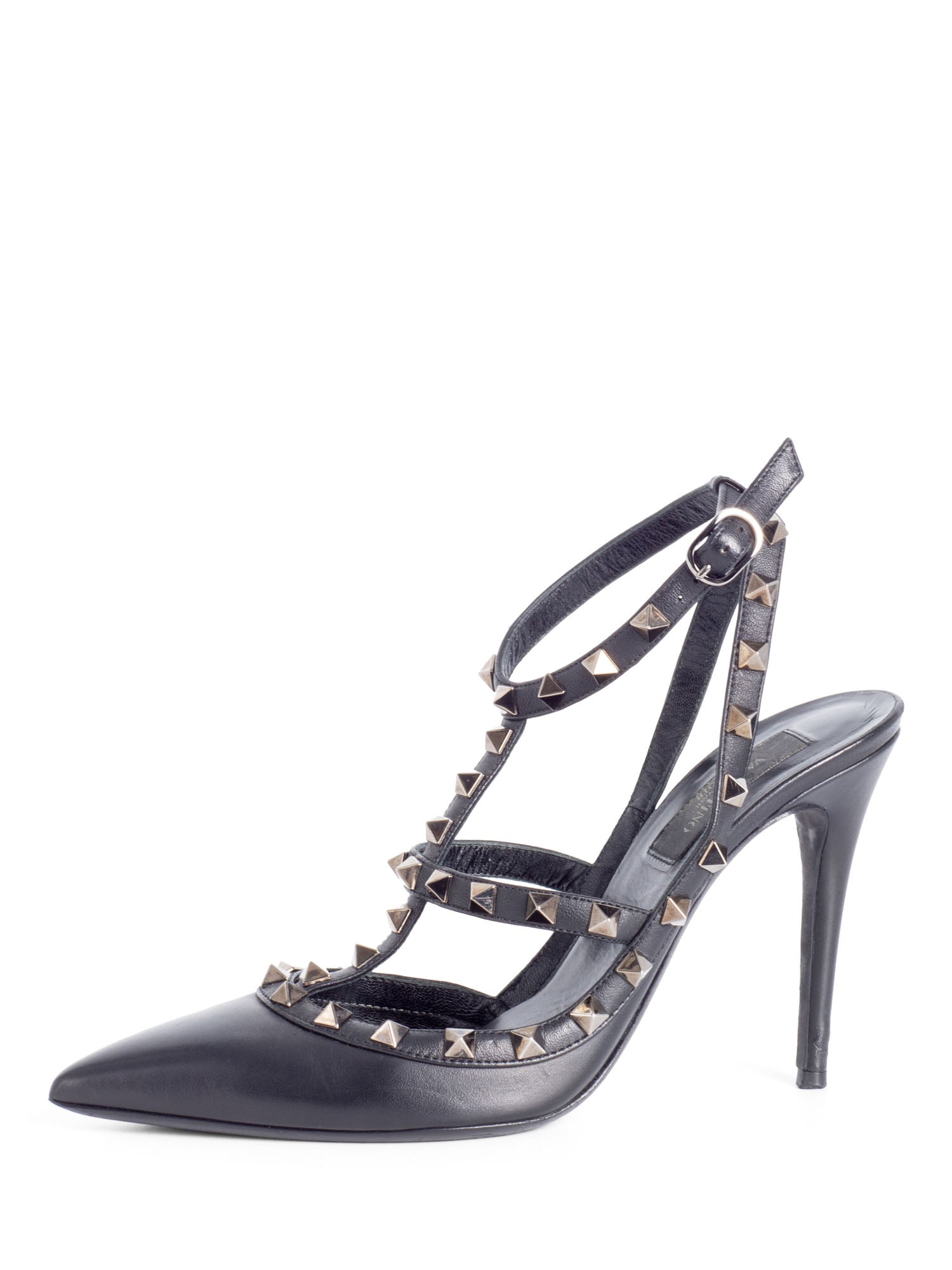 Valentino Leather Rockstud T Strap Heels Black-designer resale