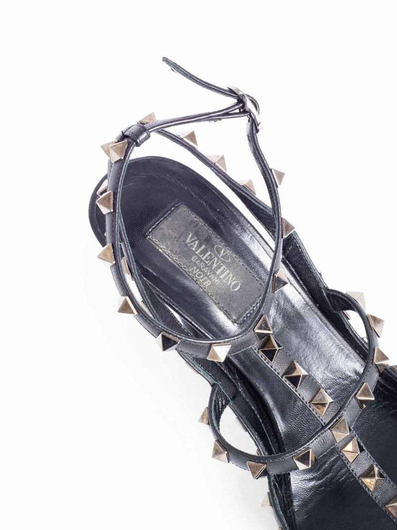 Valentino Leather Rockstud T Strap Heels Black-designer resale
