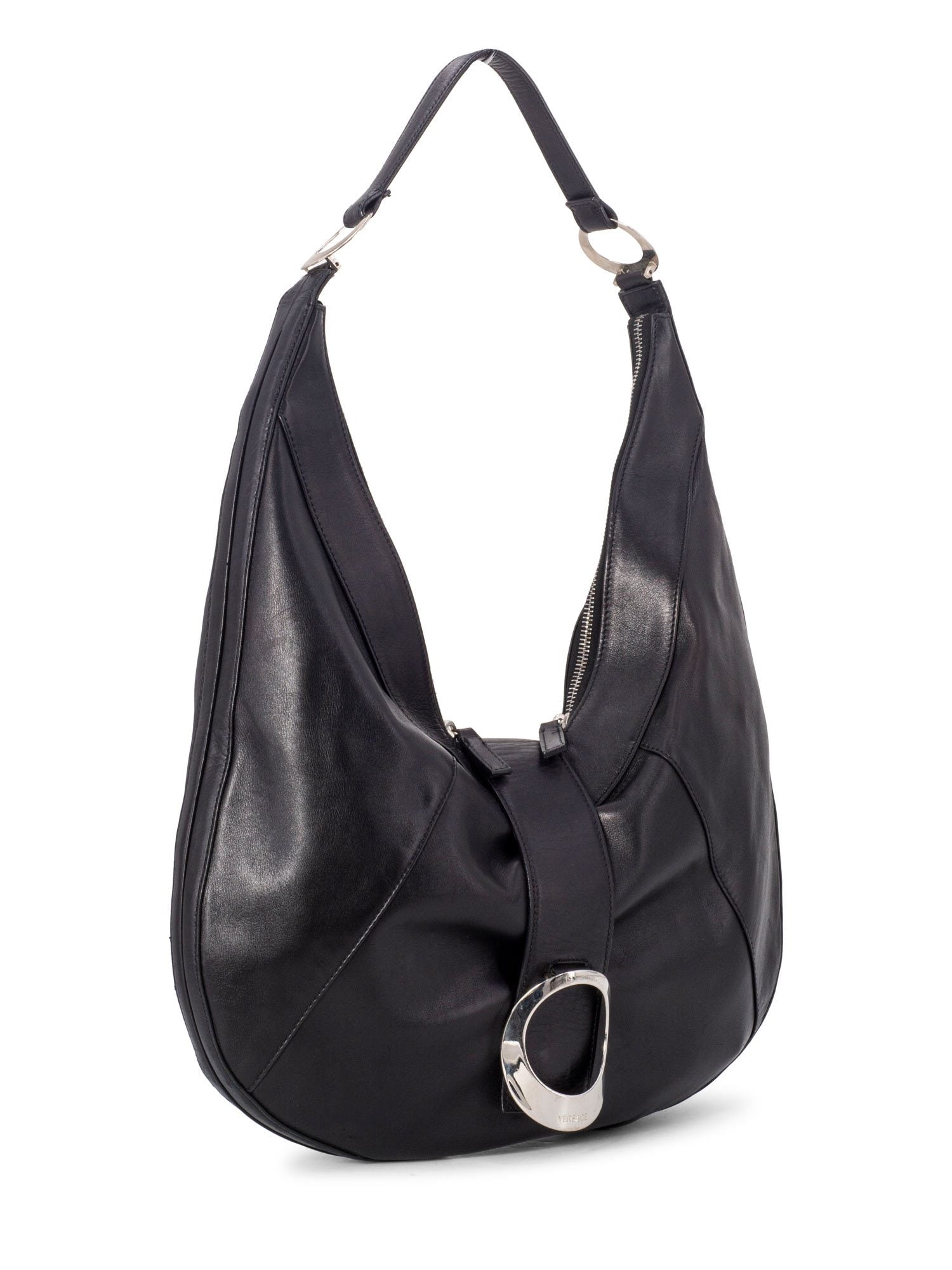 Versace Leather Logo Hobo Bag Black-designer resale